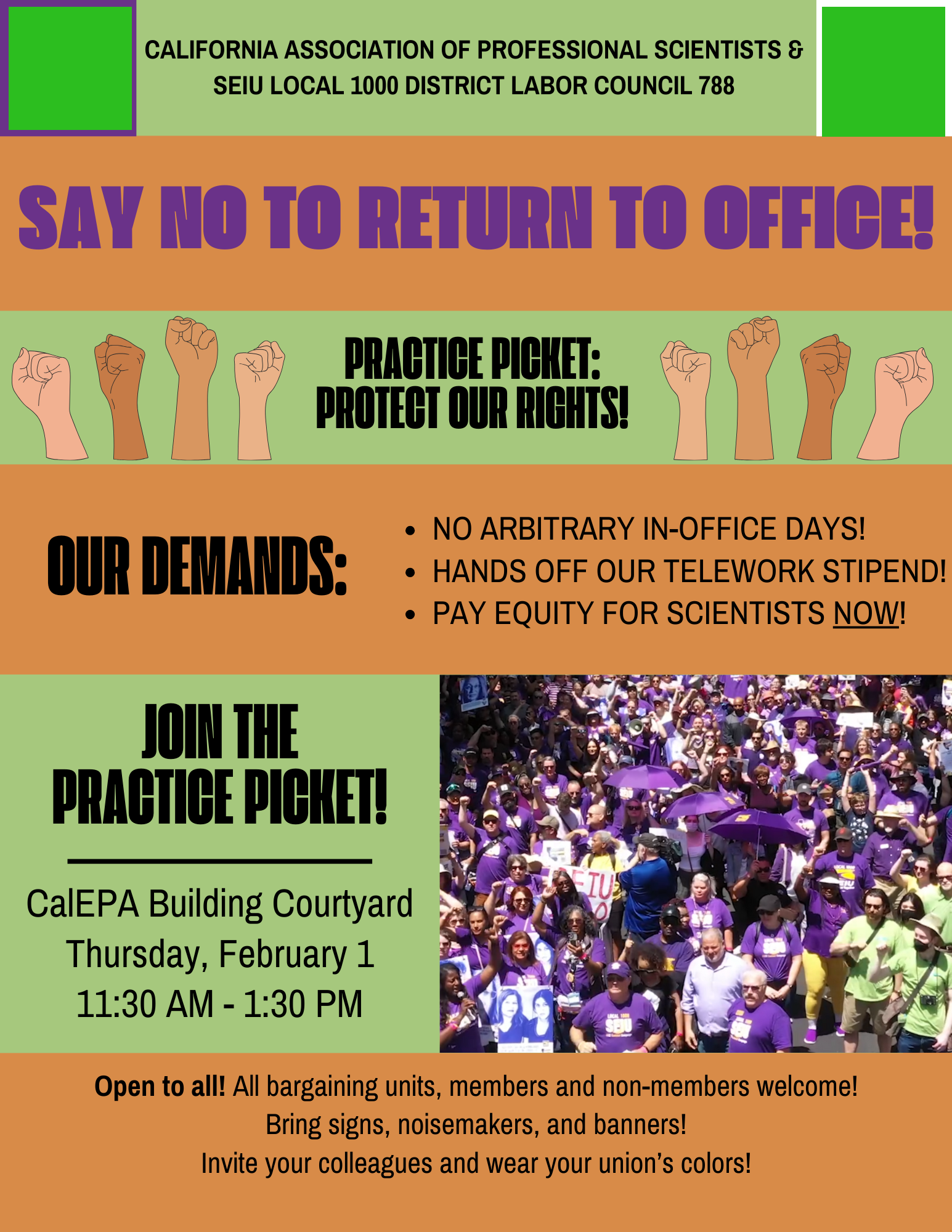Colorful CAPS-UAW poster rallying members to oppose forced return-to-office policies.